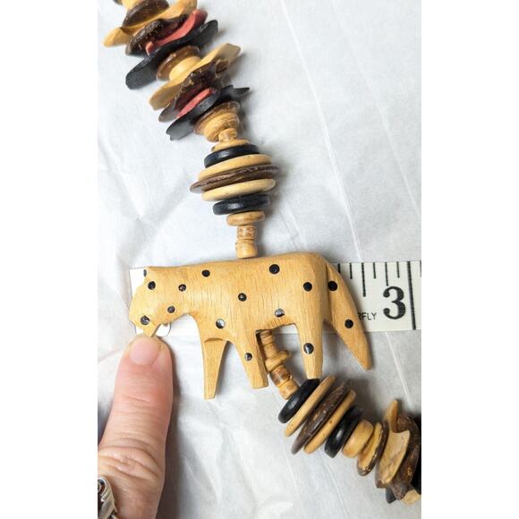 Tribal Statement Bib Necklace FOLK ART WOOD SAFARI offset cheetah nut shell bead - Picture 3 of 6